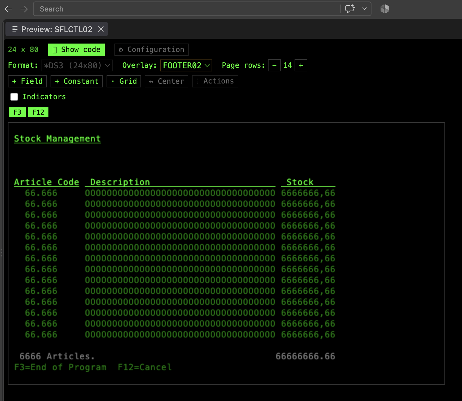 A subfile preview with header and detail rows
